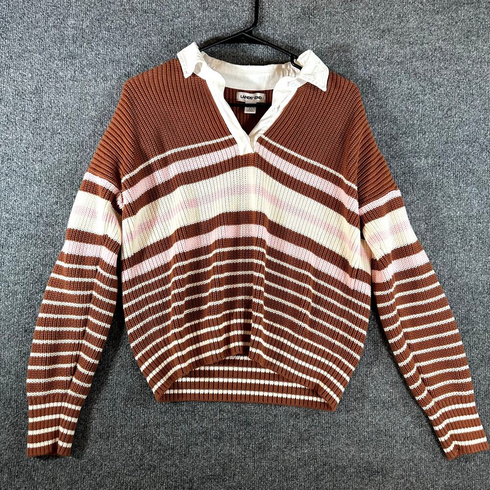 Lands' End Women's XS 2-4 Brown Pink Striped Layered Collared Cotton Sweater